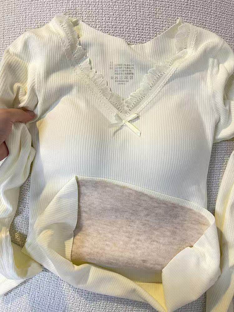 带胸垫蕾丝v领内搭长袖打底衫女2025新款秋冬季加绒保暖,女装/女士精品,大码内搭,淘宝优惠券,粉丝福利购,淘宝优惠卷