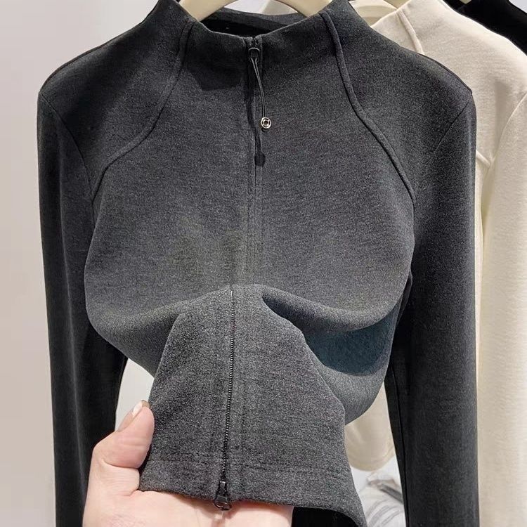 半高领德绒秋冬打底衫女2025新款秋季双拉链开衫外套修身卫衣内搭