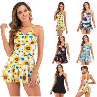 平头裤 分体两件套保守泳衣女印花裙式 比基尼 欧美跨境大码 2022新款