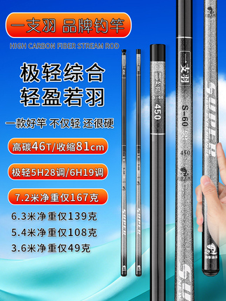 High-Carbon 46t Fishing Rod, Ultra-Light and Super Hard, 19-Section Stream Rod, Short-Section Fishing Rod, Brand Carp and Crucian Carp Rod, All-Purpose Rod