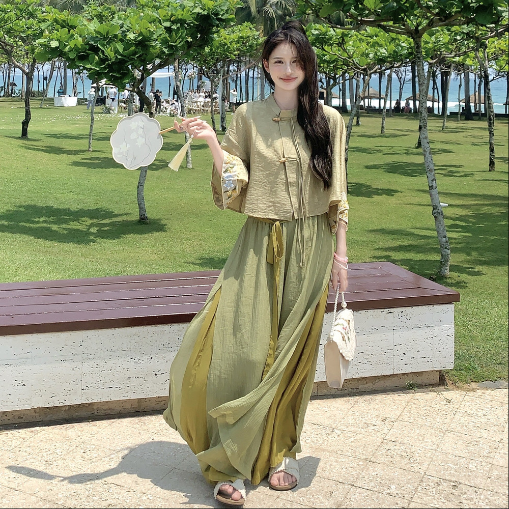 【预售】新中式国风时髦刺绣上衣套装女夏2025年新款设计感高腰裙裤两件套图片