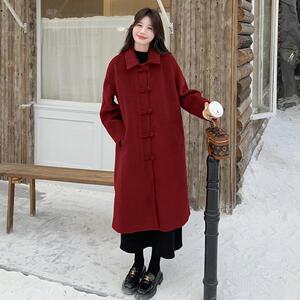 红色小个子毛呢外套女2024秋冬新款加厚高级感复古气质呢子大衣图片