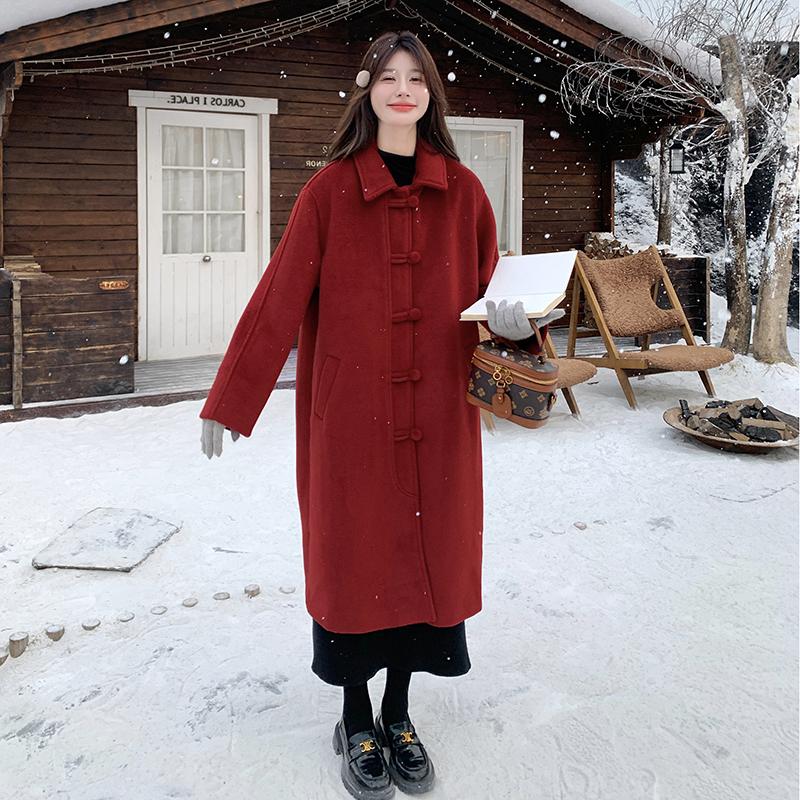 红色小个子毛呢外套女2024秋冬新款加厚高级感复古气质呢子大衣,女装毛呢外套,2C028
