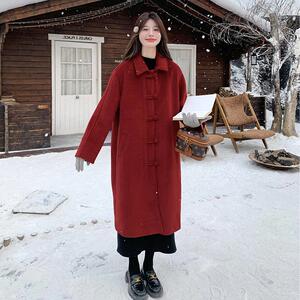 红色小个子毛呢外套女2024秋冬新款加厚高级感复古气质呢子大衣图片