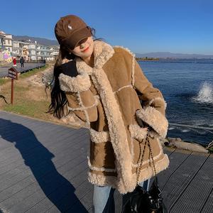 韩系chic咖色皮毛一体外套女秋冬2025超火好看加绒加厚羊羔毛夹克图片