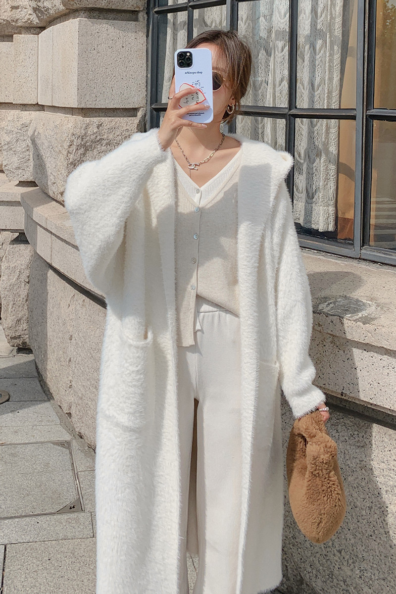 高端白色连帽羊绒大衣女2025秋冬超火好看独特漂亮名媛气质长外套,女装皮草,2C028