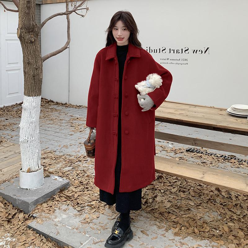 红色小个子毛呢外套女2024秋冬新款加厚高级感复古气质呢子大衣,女装毛呢外套,2C028