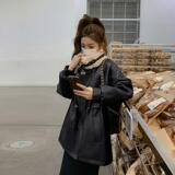 美拉德咖色短款翻领皮毛一体厚外套女秋冬2025新款高级感pu皮夹克，女装皮衣，2C028