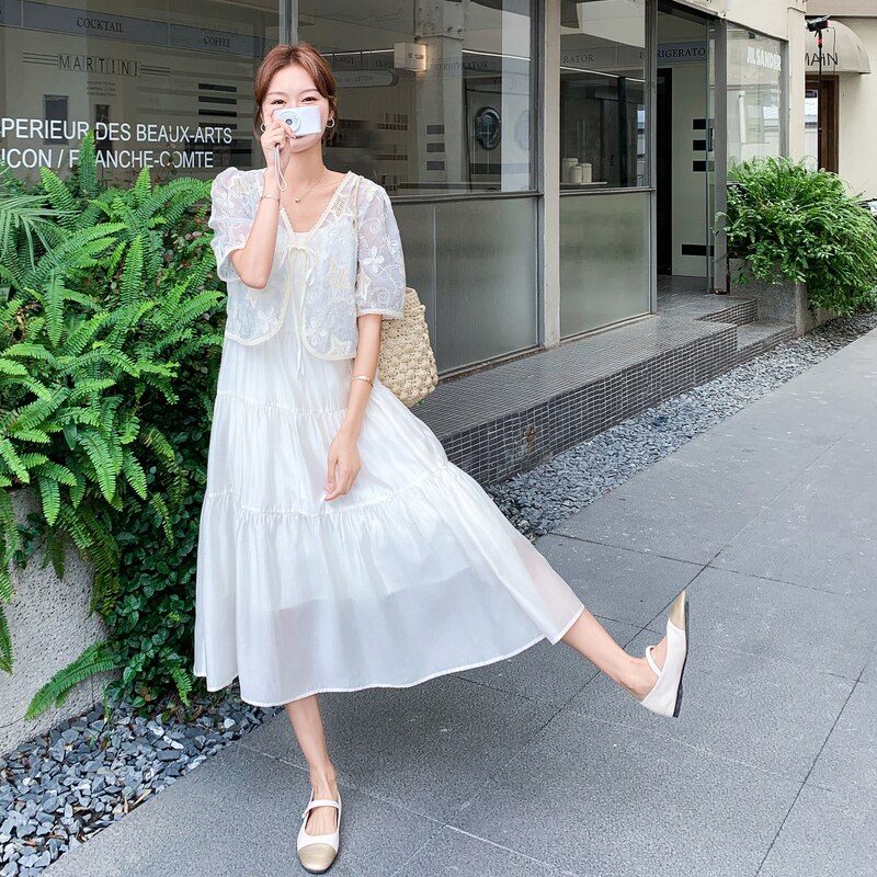 法式蕾丝刺绣吊带连衣裙套装女2025夏季新款温柔风绝美减龄两件套图片
