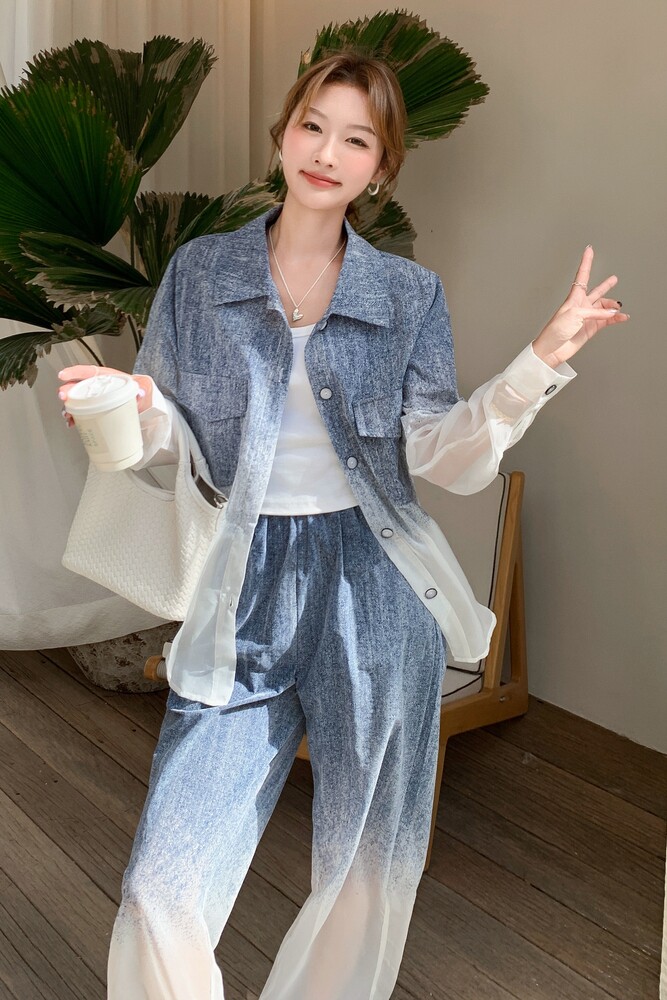 设计感渐变色衬衫休闲裤套装女夏2025新款两件套大方得体减龄穿搭,女装套装/套裙,2C028