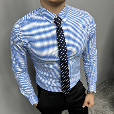 辉先生长袖衬衫男小格子休闲正装