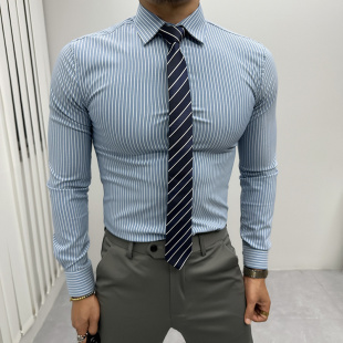 男士 西装 暗门襟条纹衬衫 英伦商务职业休闲长袖 衬衣 修身 辉先生春季