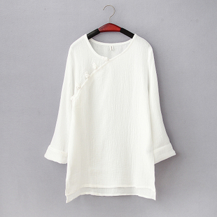 太极服棉麻盘扣斜襟女圆领夏季新款长袖T恤宽松透气舒适上衣