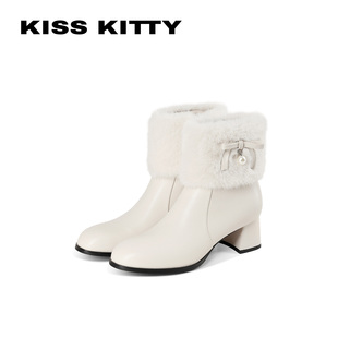 KISSKITTY米白色粗跟短靴女2026年冬季新款加绒保暖高跟毛毛靴子