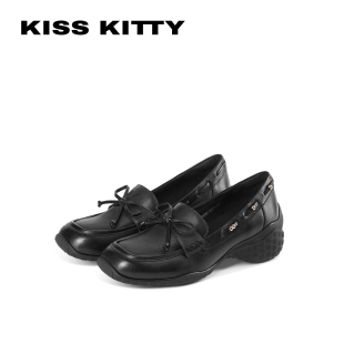KISSKITTY复古羊皮单鞋女2026年新款厚底小皮鞋方头蝴蝶结乐福鞋