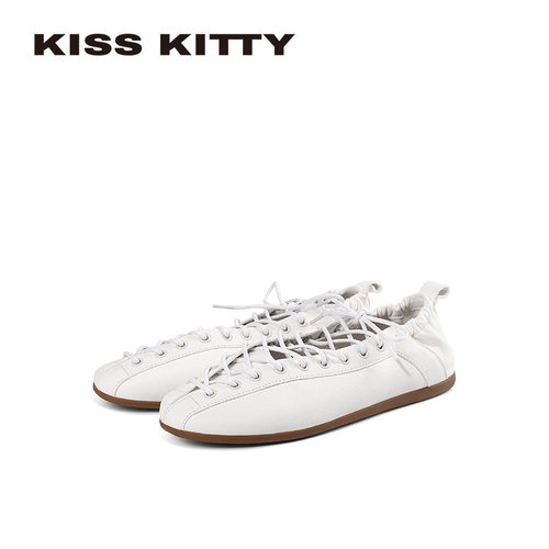 Kiss Kitty法式复古真皮系带芭蕾平底鞋女优雅镂空单鞋