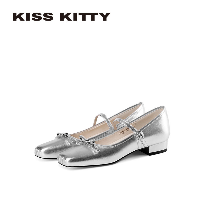 KISSKITTY银色玛丽珍鞋女2026春季低跟芭蕾舞鞋蝴蝶结方头平底鞋,女鞋,玛丽珍鞋,淘宝优惠券,粉丝福利购,淘宝优惠卷