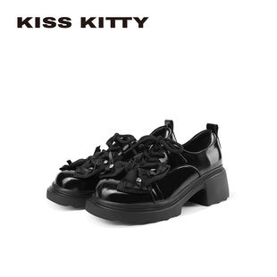 KISSKITTY厚底乐福鞋女黑色小皮鞋2026新款蝴蝶结增高通勤单鞋