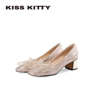蝴蝶结秀禾婚鞋 女气质高级不累脚粗跟单鞋 KISSKITTY方头高跟鞋