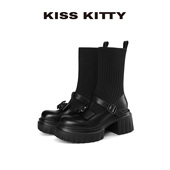 KISSKITTY玛丽珍短靴女2025秋冬新款 通勤女靴增高8cm弹力袜子靴