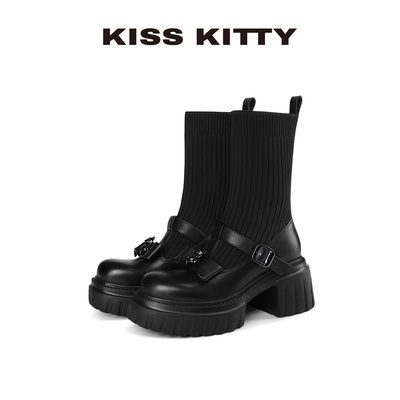 玛丽珍短靴女牛皮弹力靴