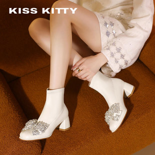 KISSKITTY法式白色水钻烟筒短靴女2025秋冬新款粗跟百搭瘦瘦靴