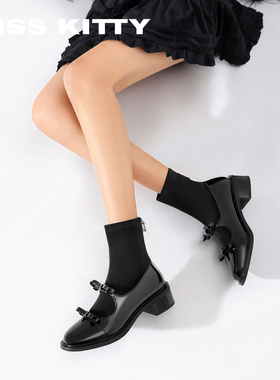 KISSKITTY玛丽珍弹力靴2025秋季新款黑色蝴蝶结瘦瘦靴粗跟短靴子