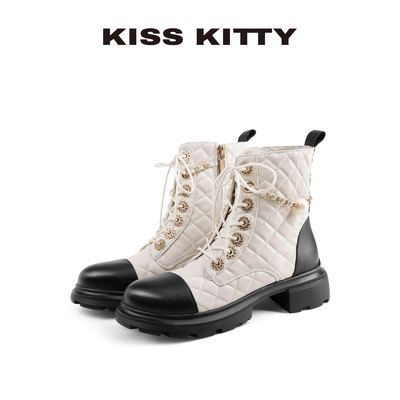 KISSKITTY马丁靴女2025秋新款小香风加绒中筒靴圆筒厚底增高短靴