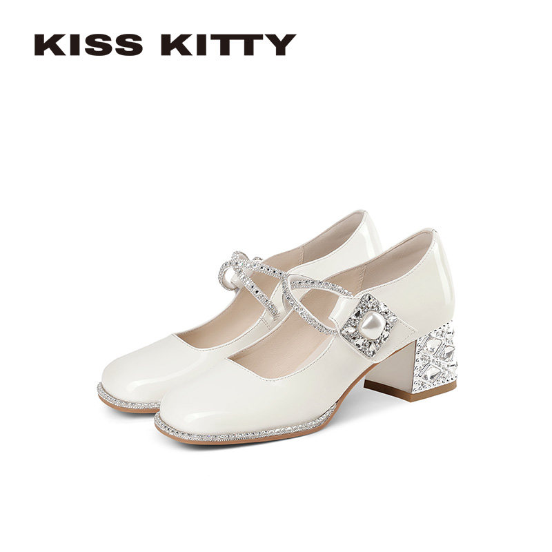 KISSKITTY粗跟玛丽珍鞋女2026新款漆皮水钻气质珍珠搭扣浅口单鞋,女鞋,玛丽珍鞋,淘宝优惠券,粉丝福利购,淘宝优惠卷