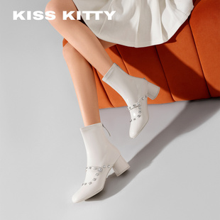 KISSKITTY玛丽珍瘦瘦靴女2025秋冬新款方头粗跟水钻漆皮短靴子