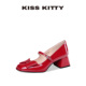 KISSKITTY法式 头层牛皮红粗跟方头蝴蝶结高跟单鞋 玛丽珍女鞋 新款