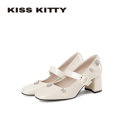 KISSKITTY玛丽珍鞋女2026春季新款粗跟浅口一字扣带气质时尚单鞋