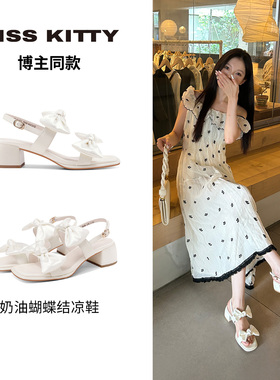 KISSKITTY博主同款凉鞋女款夏季粗中跟后空白色蝴蝶结露趾高跟鞋
