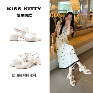 夏季 KISSKITTY博主同款 凉鞋 女款 粗中跟后空白色蝴蝶结露趾高跟鞋