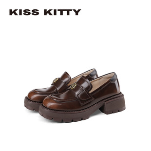 KISSKITTY小金币 厚底乐福鞋女英伦风26春季新款增高一脚蹬小皮鞋