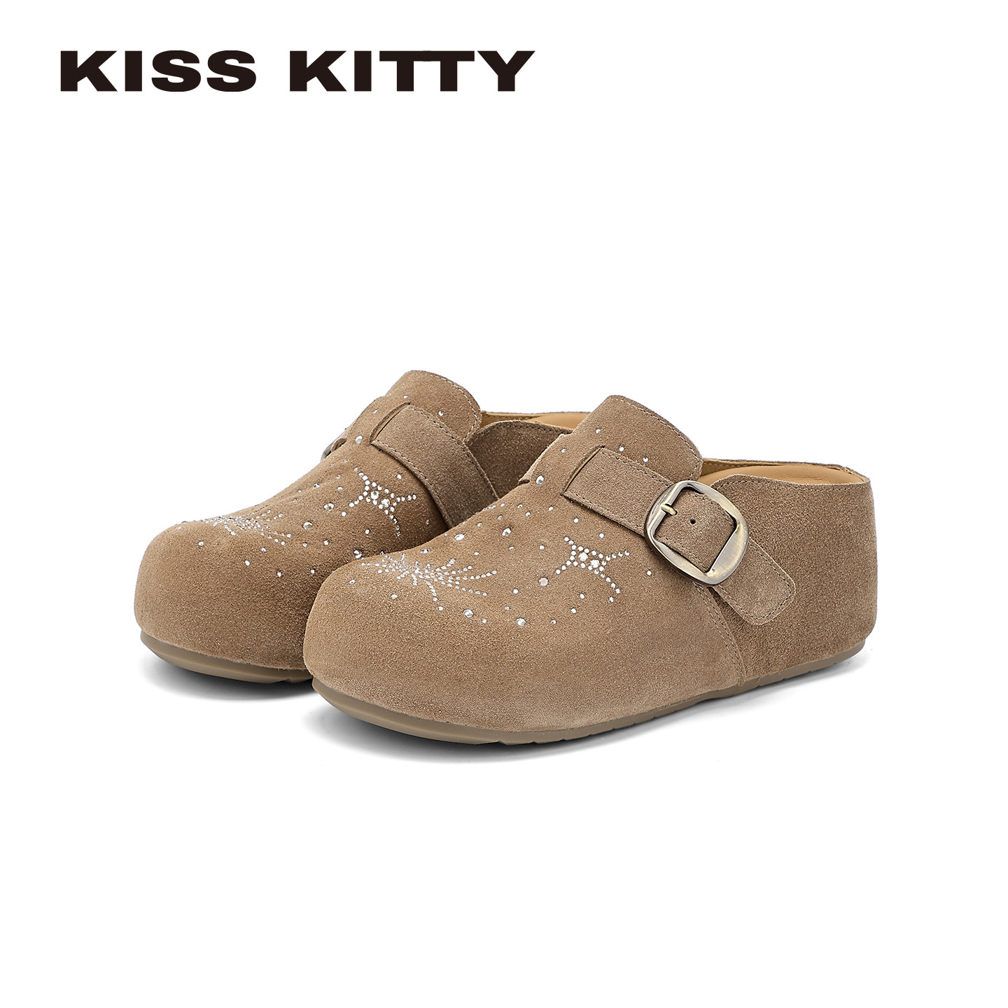 KISSKITTY水钻勃肯鞋女反绒皮包头半拖鞋一脚蹬内增高舒适休