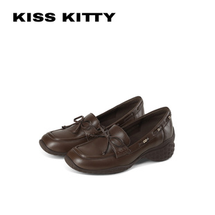 KISSKITTY复古羊皮单鞋女2026年新款厚底小皮鞋方头蝴蝶结乐福鞋