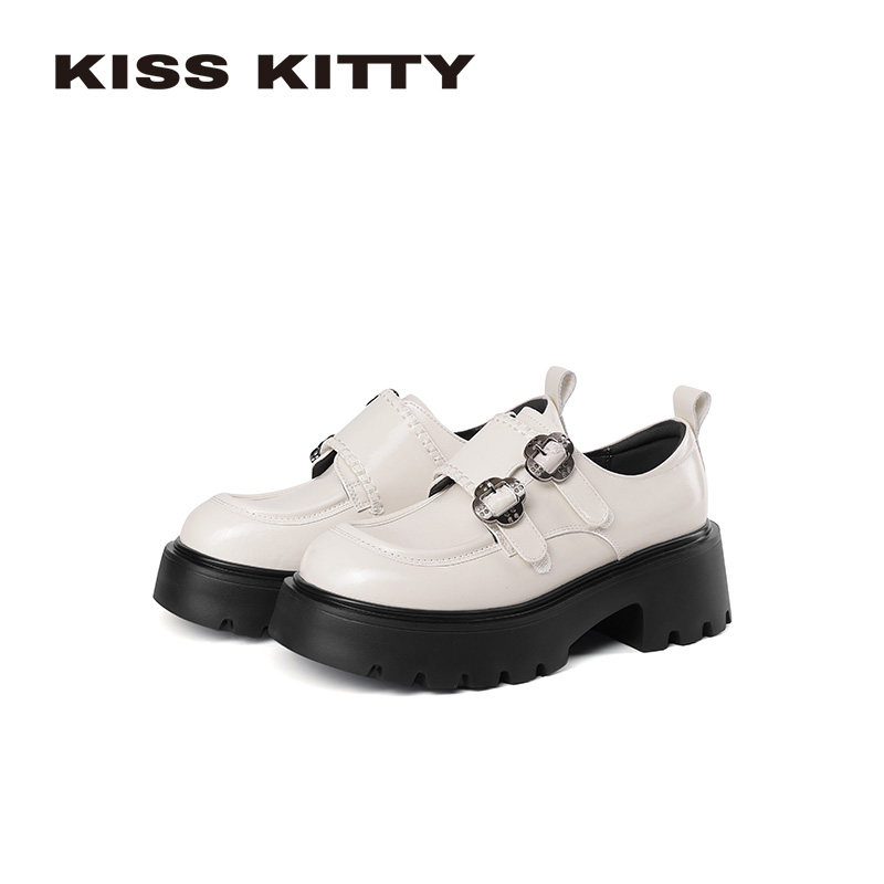 KISSKITTY英伦风厚底乐福鞋女款2026新款复古白色小皮鞋