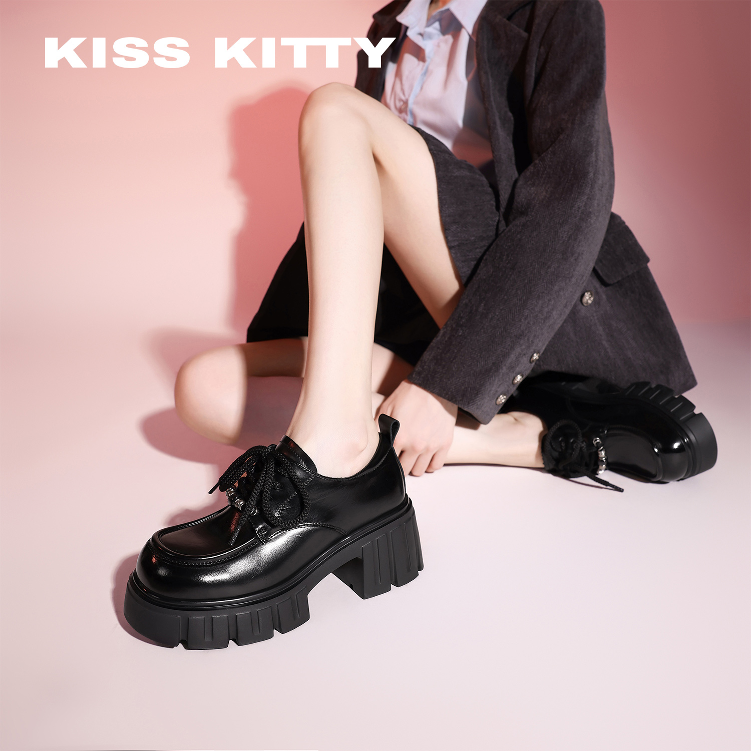 KISSKITTY乐福鞋女2025新款深口单英伦风厚底粗跟黑色百搭小皮鞋