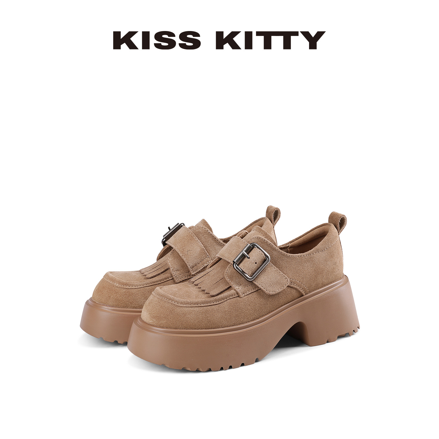 KISSKITTY乐福鞋女2025秋冬新款复古增高单鞋灰色厚底松糕勃肯鞋