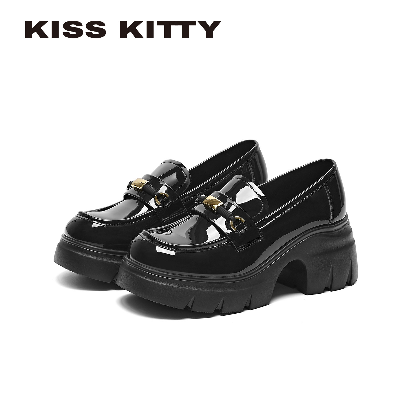 KISSKITTY黑色漆皮厚底乐福鞋女英伦风金属扣轻便一脚蹬单鞋秋季
