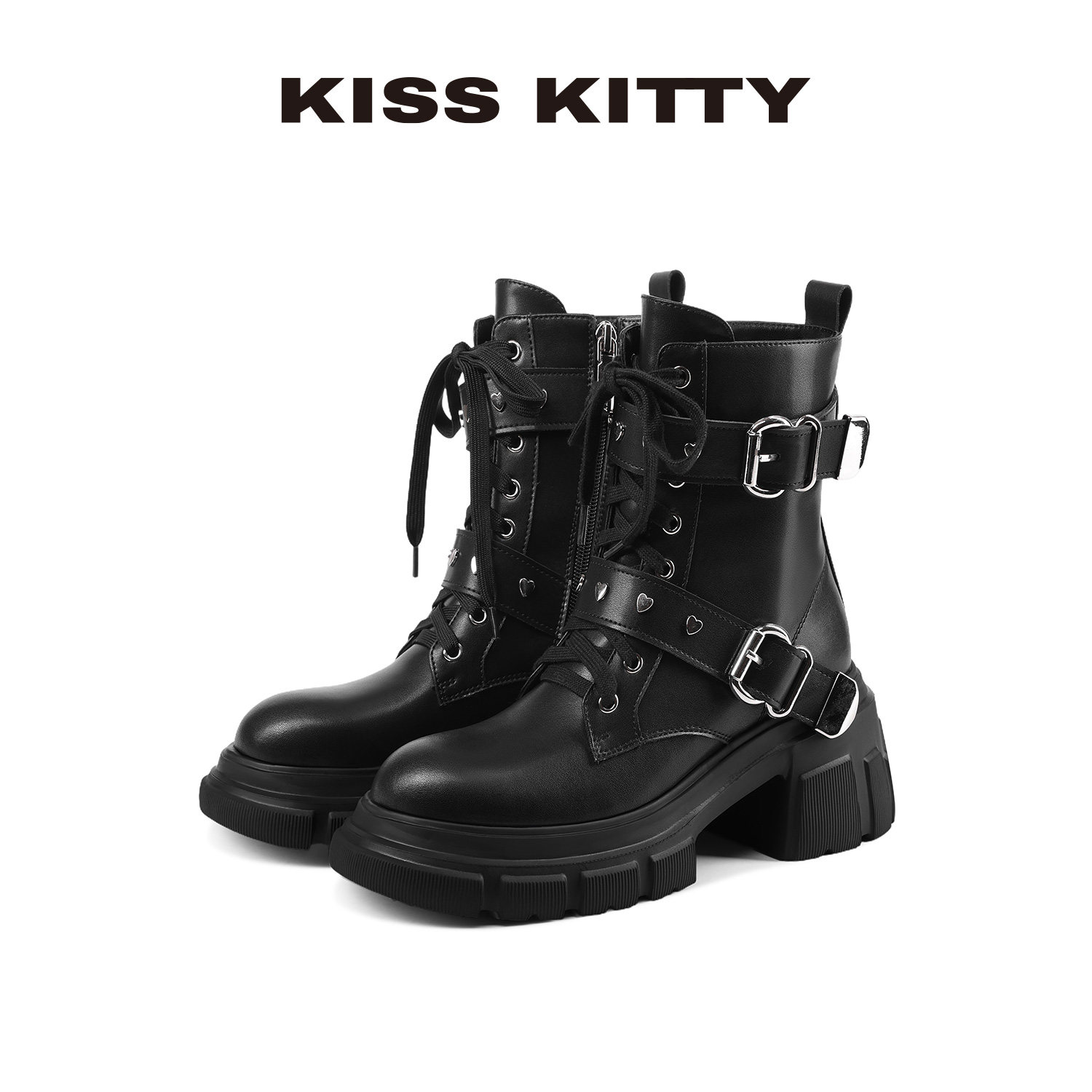KISSKITTY机车风马丁靴女2025新款英伦风黑色厚底皮带扣圆头短靴