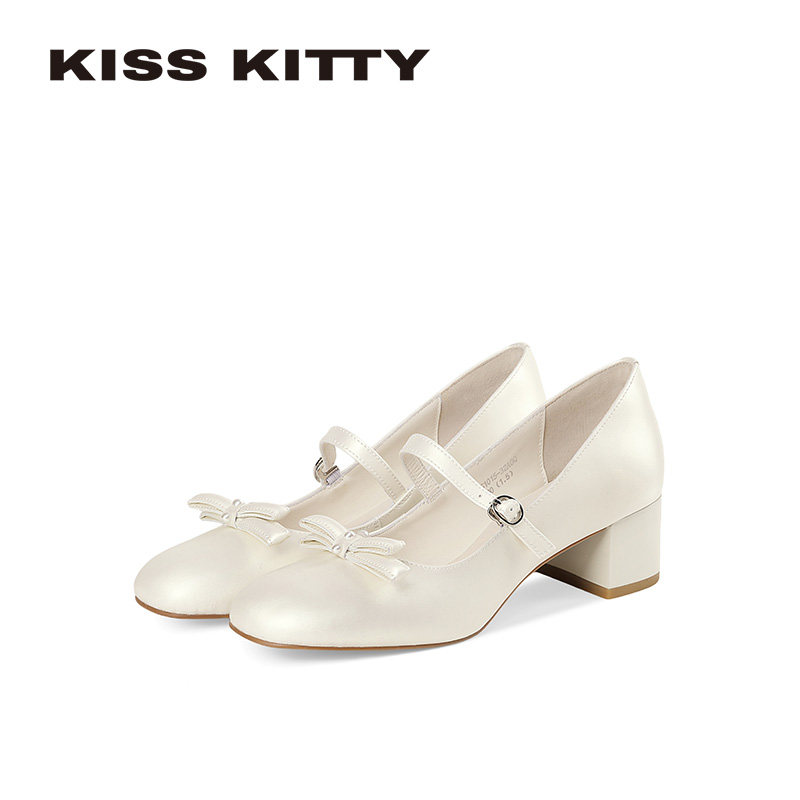 KISSKITTY柔银奶白 玛丽珍鞋26年新款粗跟蝴蝶结高跟鞋法式单鞋,女鞋,玛丽珍鞋,淘宝优惠券,粉丝福利购,淘宝优惠卷