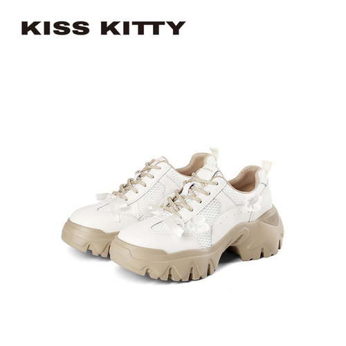 KISSKITTY花朵复古厚底德训鞋女透气百搭休闲运动鞋夏季系带女鞋