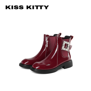 KISSKITTY马丁靴女款2026新款英伦风红色短筒真皮切尔西短靴子