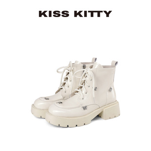 KISSKITTY马丁靴女款2025新款超火英伦风厚底白色小个子短靴子