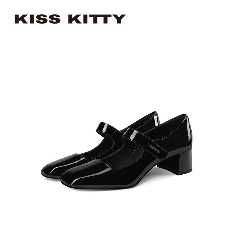 KISSKITTY粗跟玛丽珍鞋女2026年新款复古黑色单鞋英伦风小皮鞋