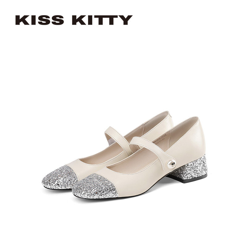 KISSKITTY玛丽珍鞋女26新款一字带星闪高跟鞋浅口不累脚羊皮单鞋,女鞋,玛丽珍鞋,淘宝优惠券,粉丝福利购,淘宝优惠卷