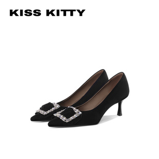 KISSKITTY宴会丝绒高跟鞋女气质高级不累脚新款方扣单鞋配旗袍