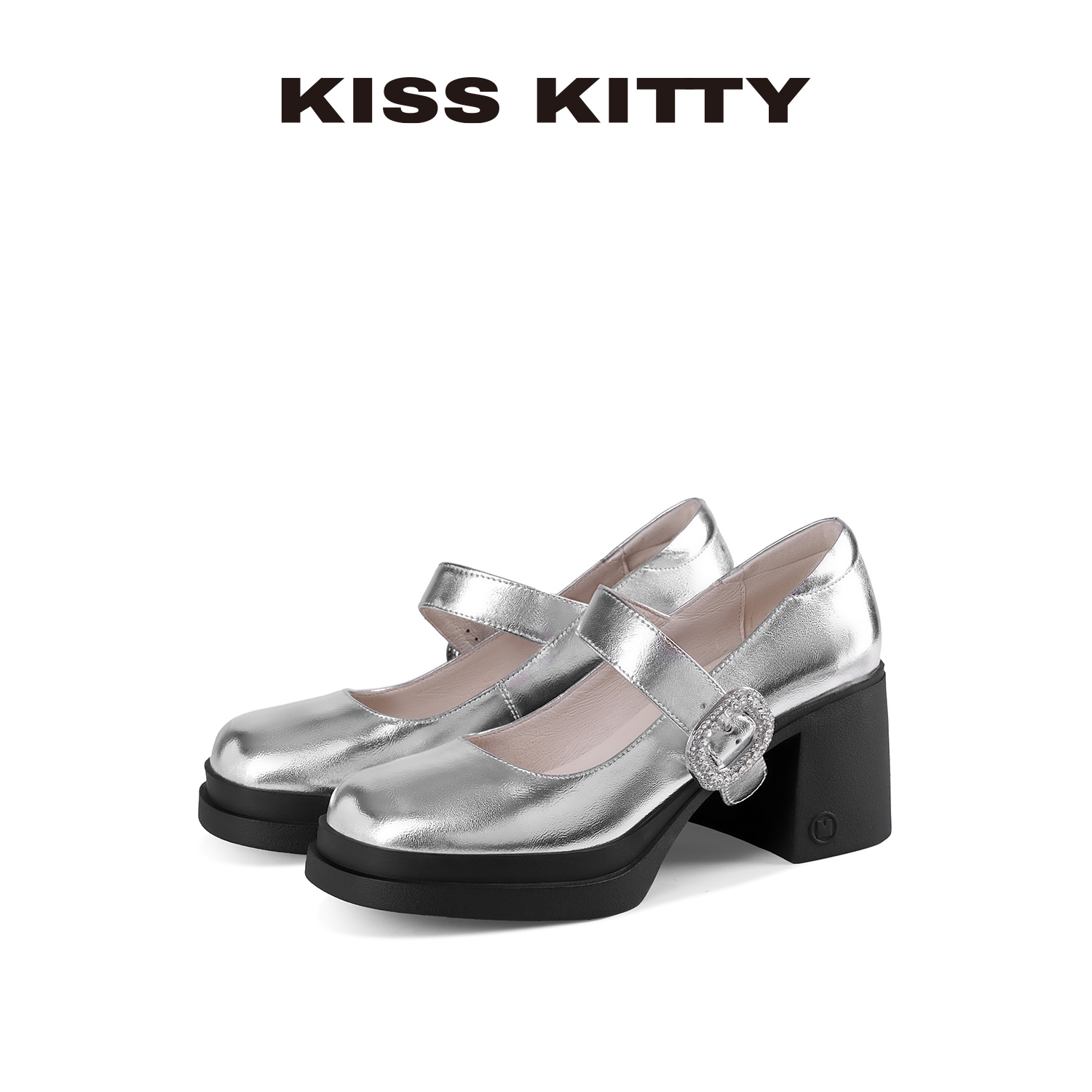 KISSKITTY玛丽珍鞋女2025年新款高跟粗口银色仙女风绝美浅口单鞋